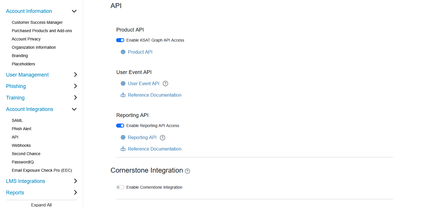 API settings page showing the Reporting API section with Enable Reporting API Access toggle
