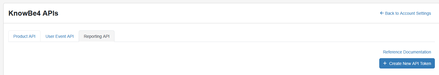 KnowBe4 APIs page showing the Reporting API tab and Create New API Token button