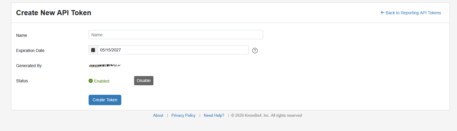 Create New API Token form with Name and Expiration Date fields