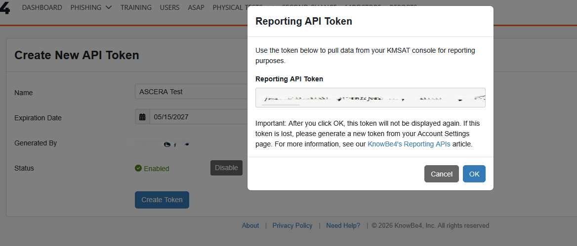 Reporting API Token modal displaying the token value