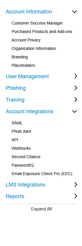 Account Settings sidebar with Account Integrations and API highlighted