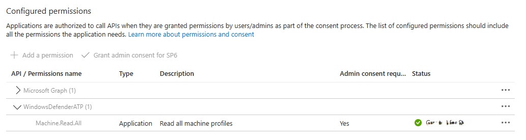 Screenshot of API permissions with WindowsDefenderATP permissions granted