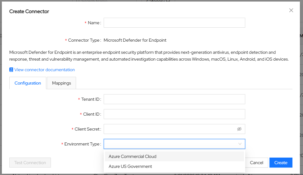 Screenshot of ASCERA connector configuration form