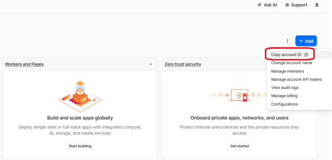 Screenshot of Cloudflare dashboard with account ID copy option highlighted