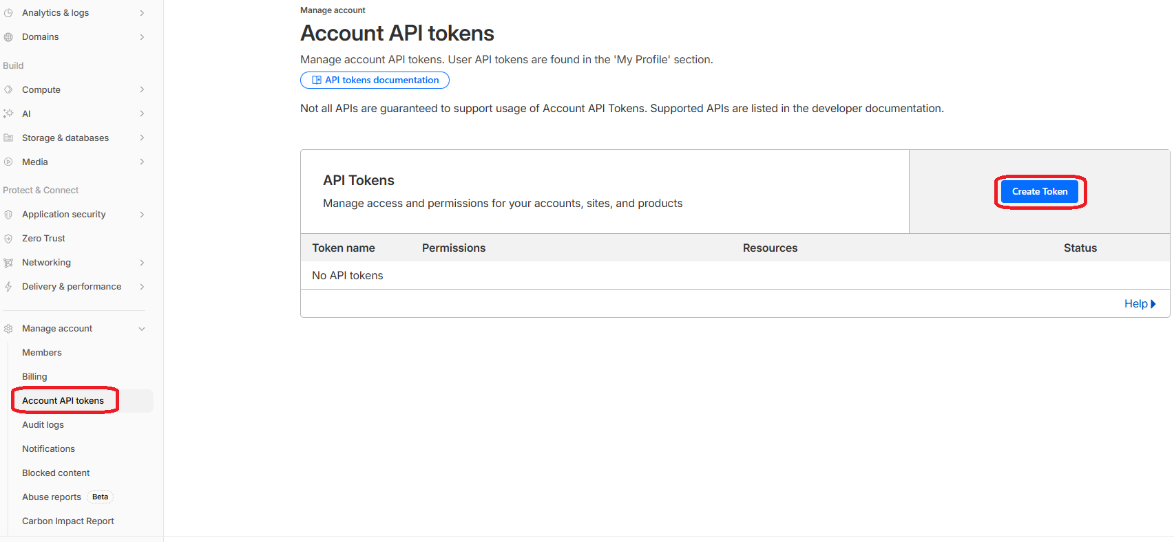 Screenshot of Cloudflare dashboard with API token menu highlighted