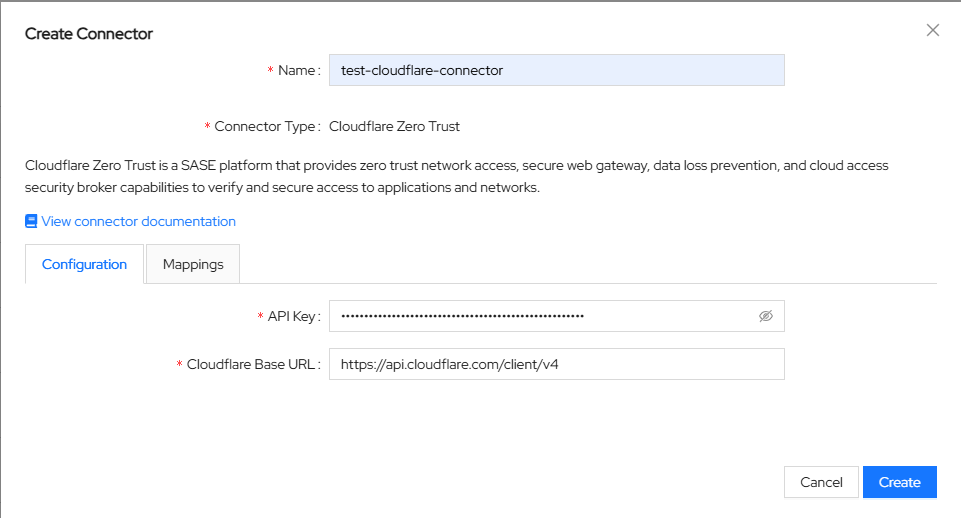Screenshot of ASCERA Cloudflare Zero Trust connector configuration form
