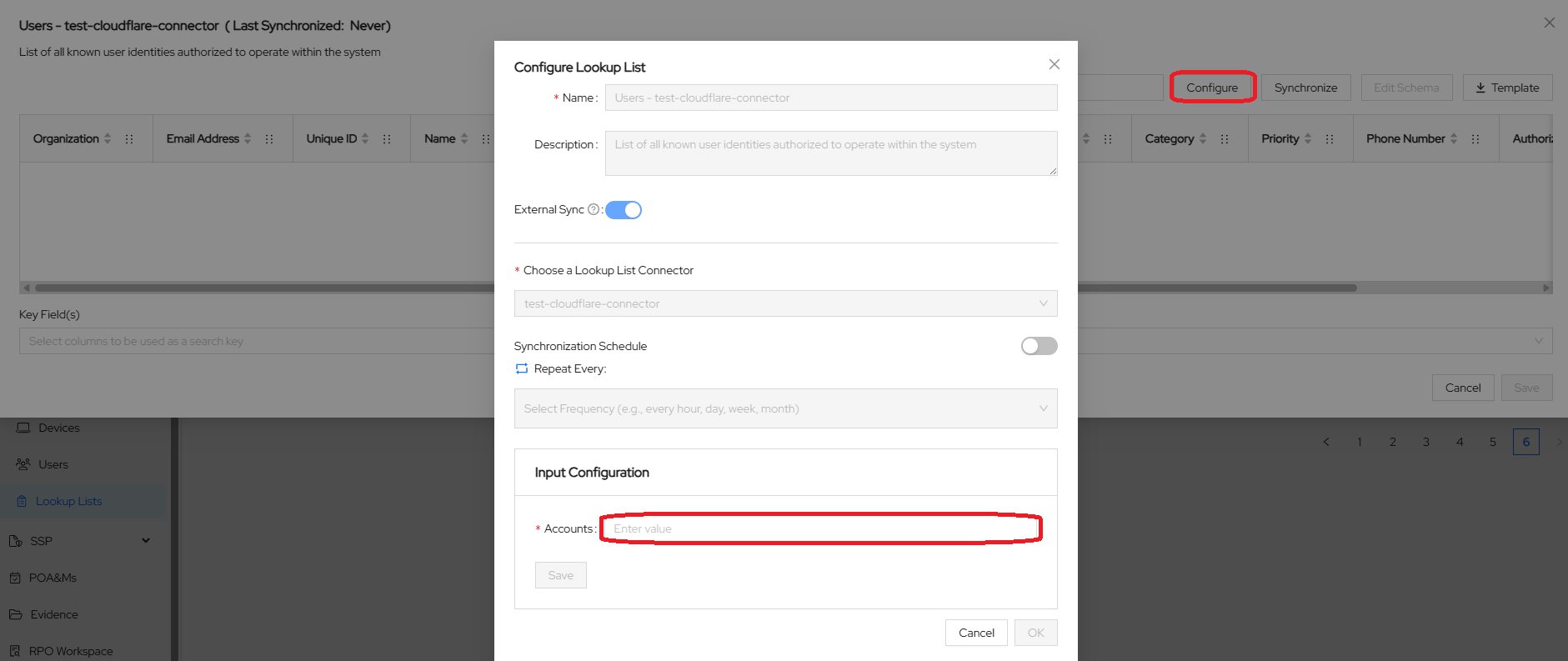 Screenshot of ASCERA Lookup List input configuration