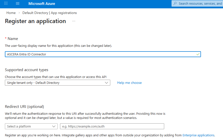 Screenshot of App registration form
