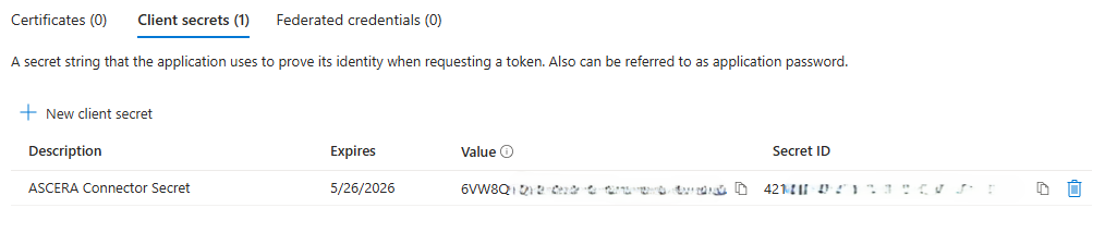 Screenshot of client secret list showing the new secret