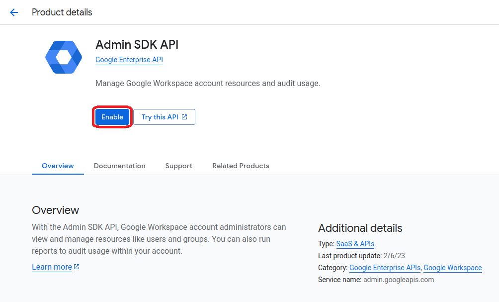 Screenshot of Google Cloud Console API Library with Admin SDK API highlighted
