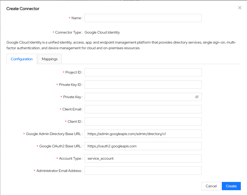 Screenshot of ASCERA Google Cloud Identity connector configuration form
