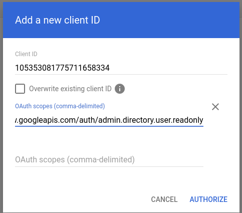 Screenshot of Google Admin Console domain-wide delegation authorization form