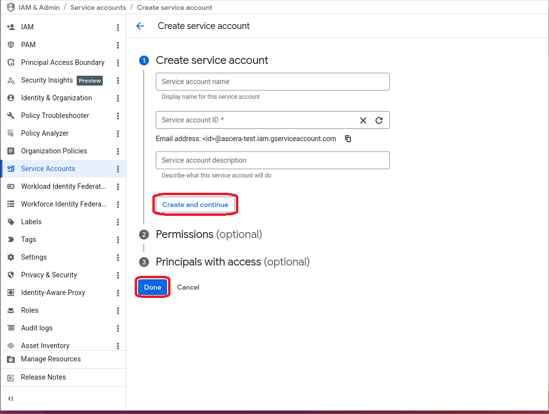 Screenshot of Service Account creation form in Google Cloud Console