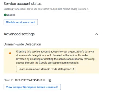 Screenshot of service account details showing domain-wide delegation checkbox