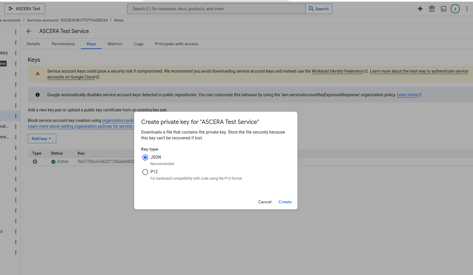 Screenshot of service account Keys tab with Create new key dialog