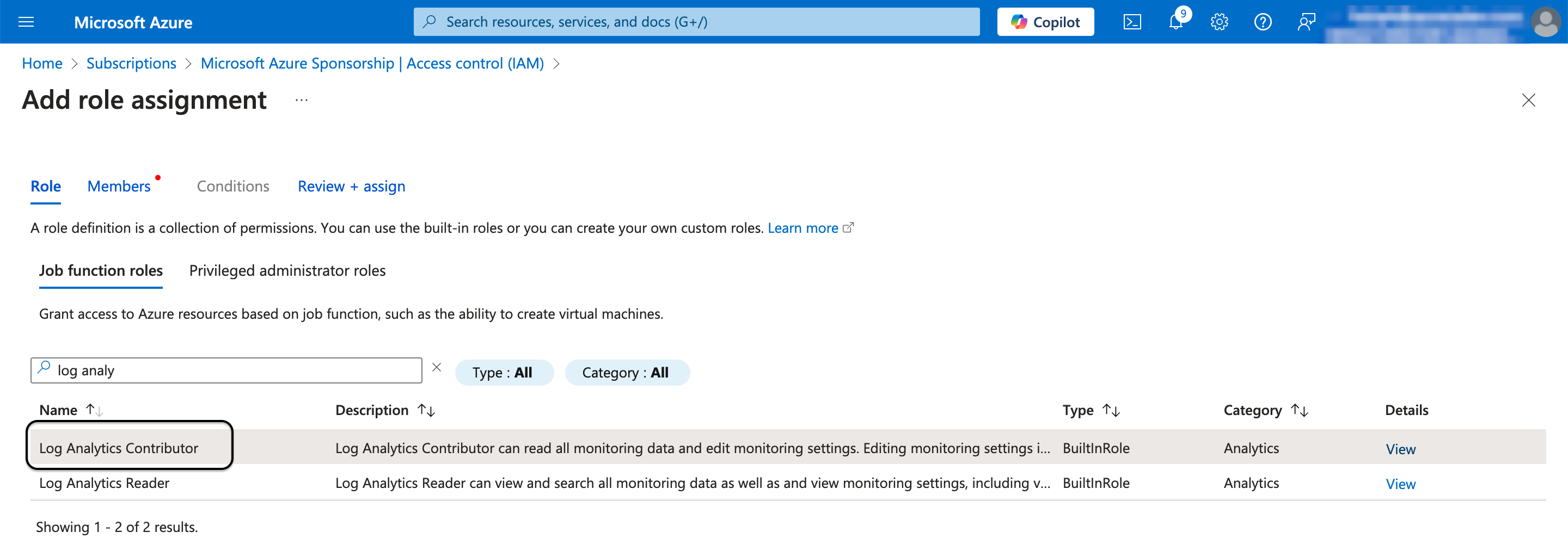 Select Log Analytics Contributor